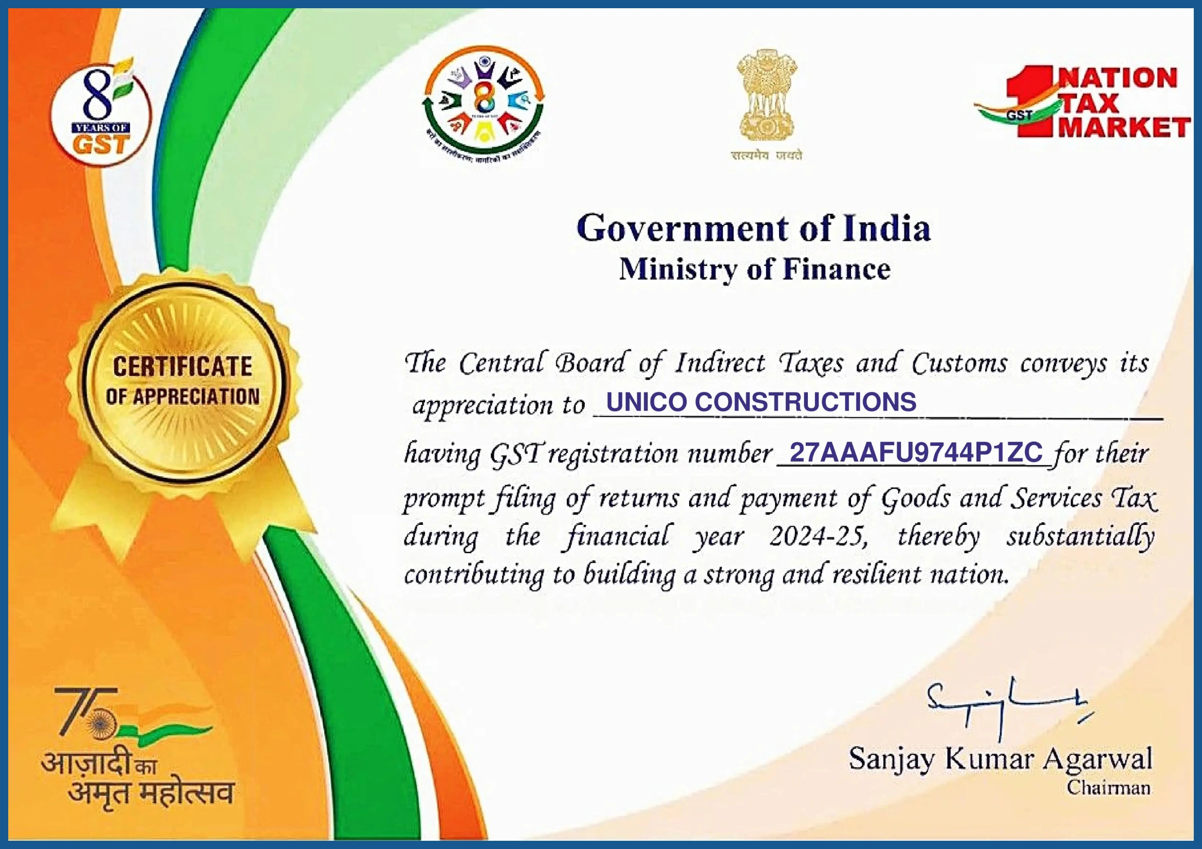 CERTIFICATE OF APPRECIATION By Government of India Ministry of Finance