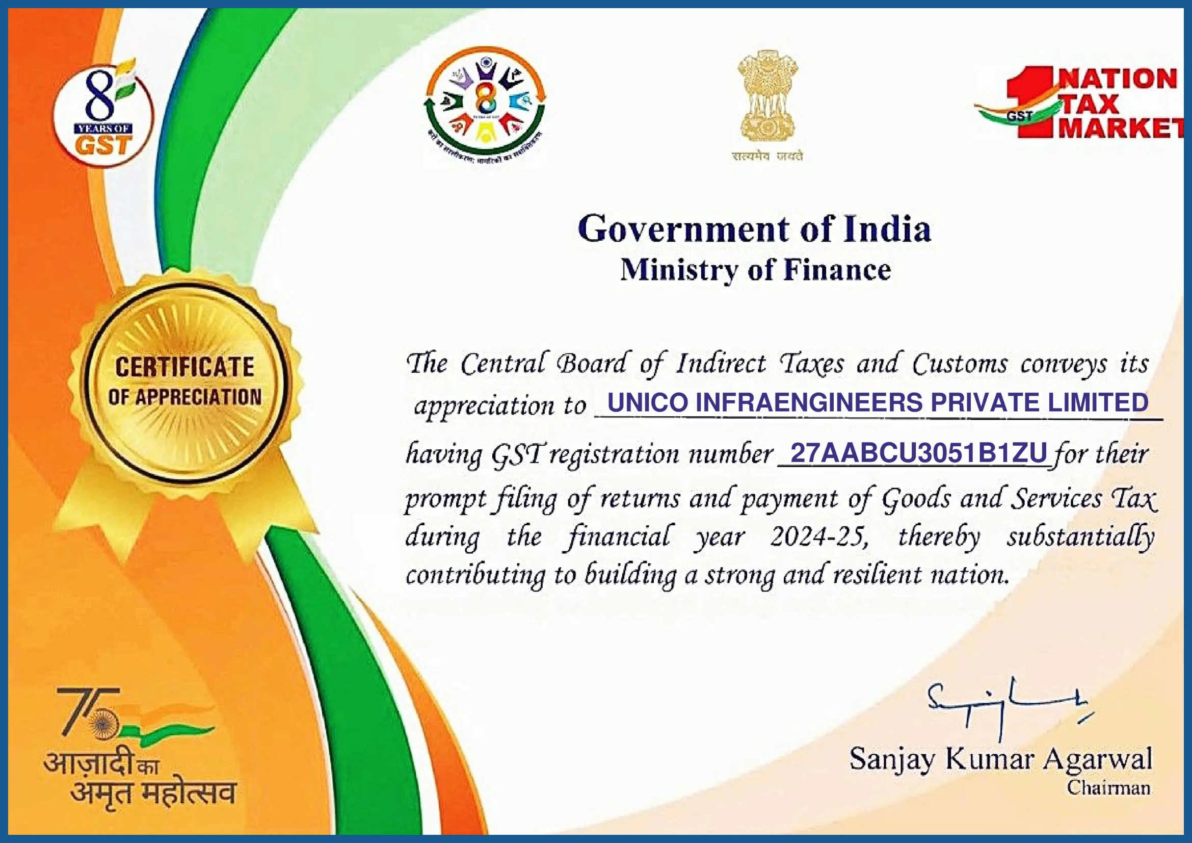 CERTIFICATE OF APPRECIATION By Government of India Ministry of Finance